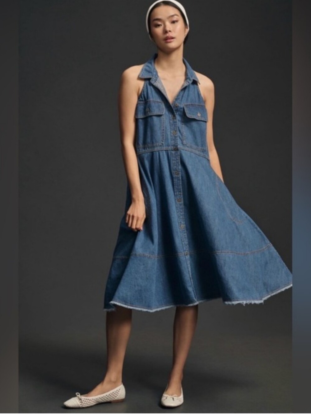 Denim Midi Halter Shirt Dress - Blue